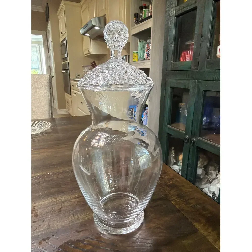 Vintage Clear Crystal Glass Large Covered Jar Diamond Point Lid Ball Finial